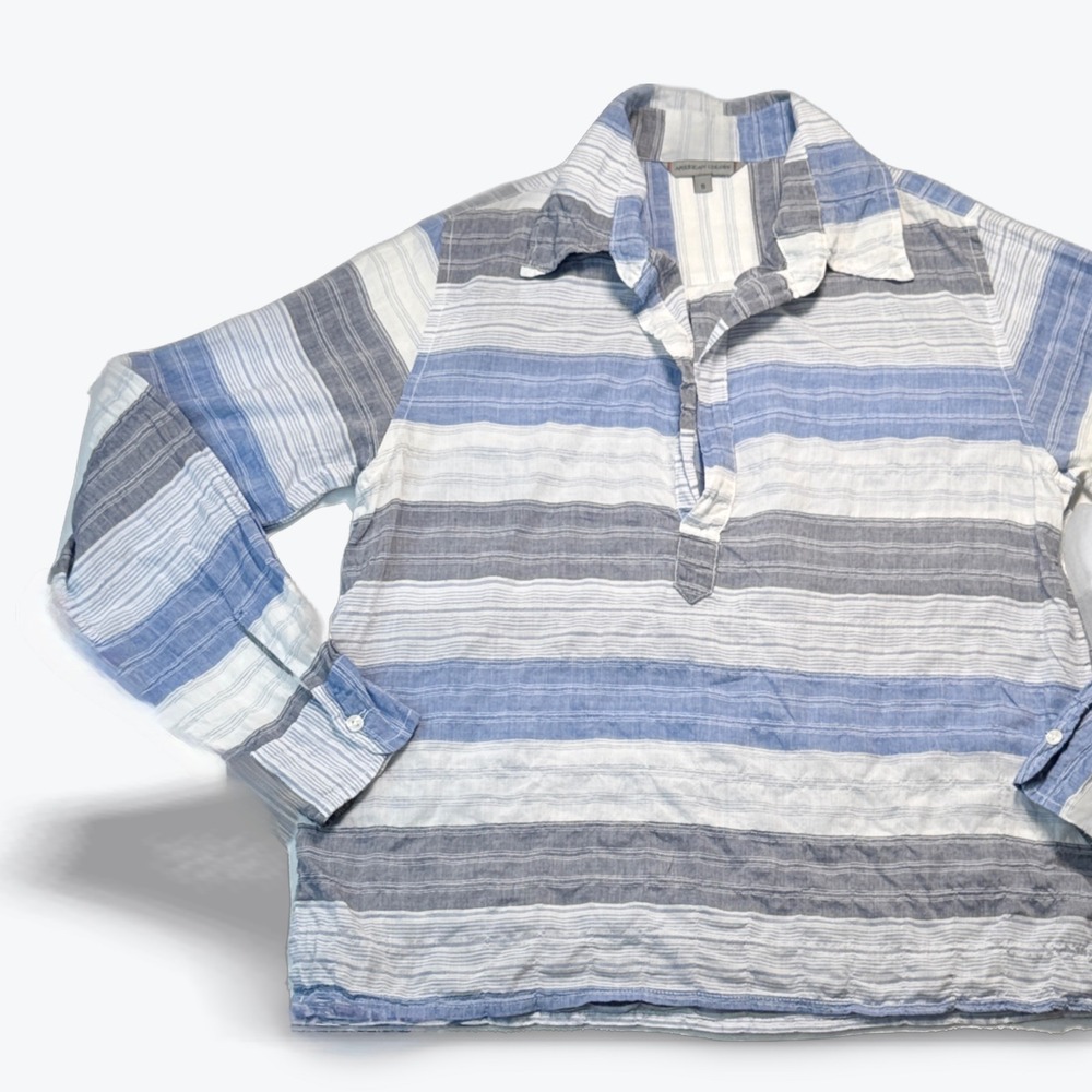 American Colors Popover Shirt Womens Small Blue Grey Striped Cotton Made in USA